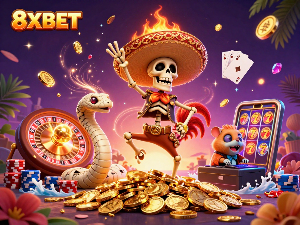Experience thrilling wins with 8XBET at vibrant online casino, featuring colorful characters and dynamic elements.