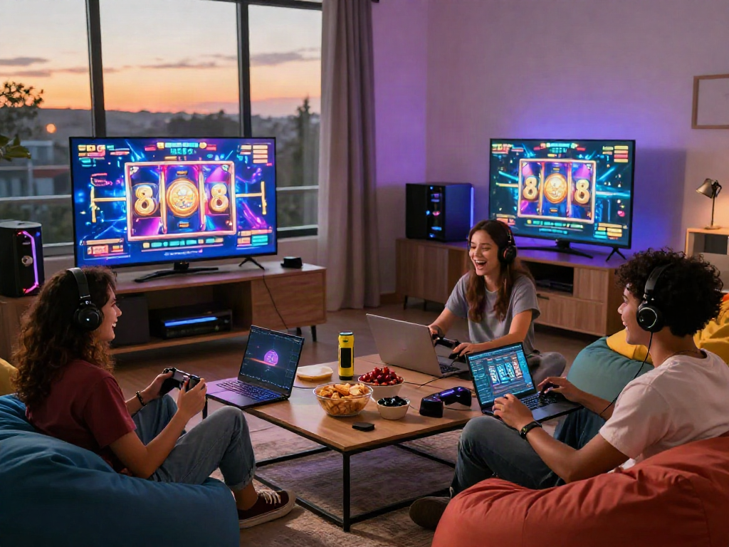 Enjoying slot88 gaming with friends in a cozy living room filled with snacks and vibrant screens.