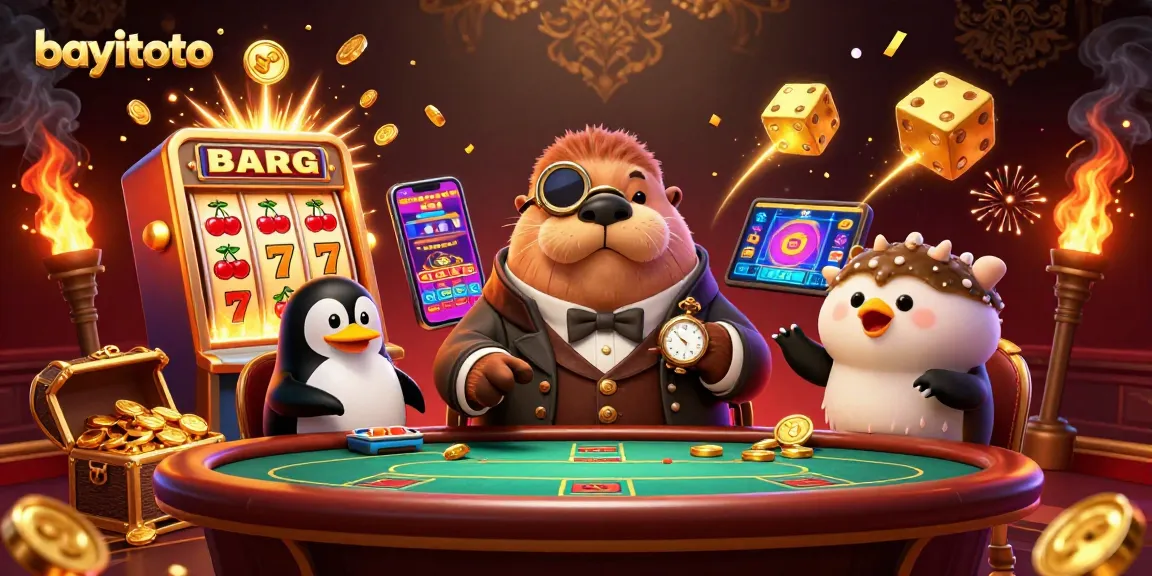 Experience the excitement of bayitoto's underwater poker with a walrus and penguin in a vibrant casino scene.