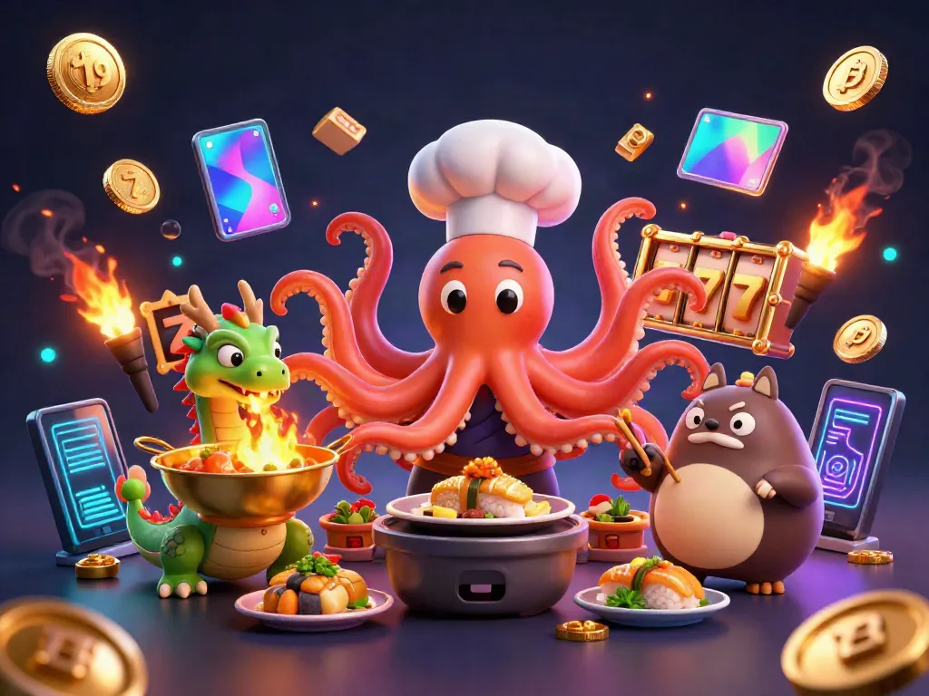 Engage with t19 in this vibrant 3D scene of a sushi chef octopus preparing delight, showcasing slot game excitement.