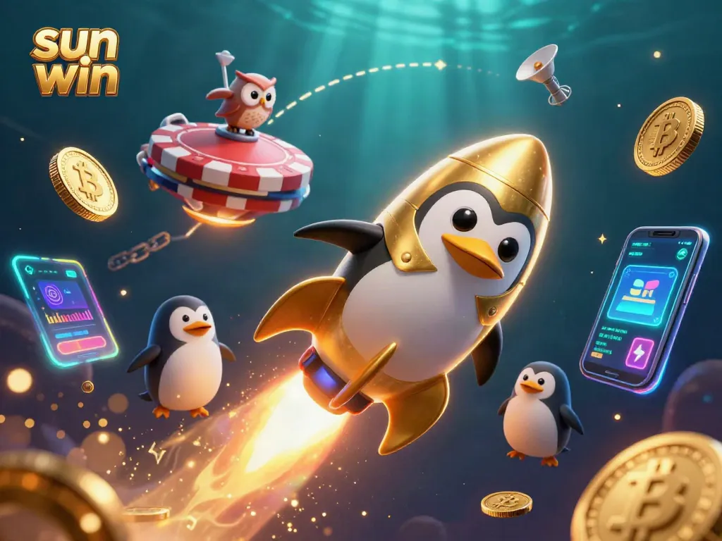 Experience exciting games at sun win, where the golden penguin blasts towards a casino chip in space.