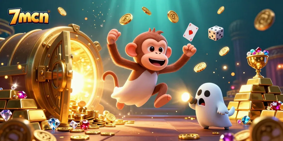 Experience thrilling moments at 7mcn with our playful poltergeist monkey juggling casino treasures in a dynamic scene.