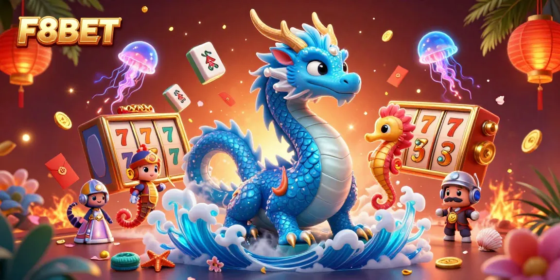 Engage with F8BET's vibrant casino world through a captivating 3D illustration of dragon and knight.