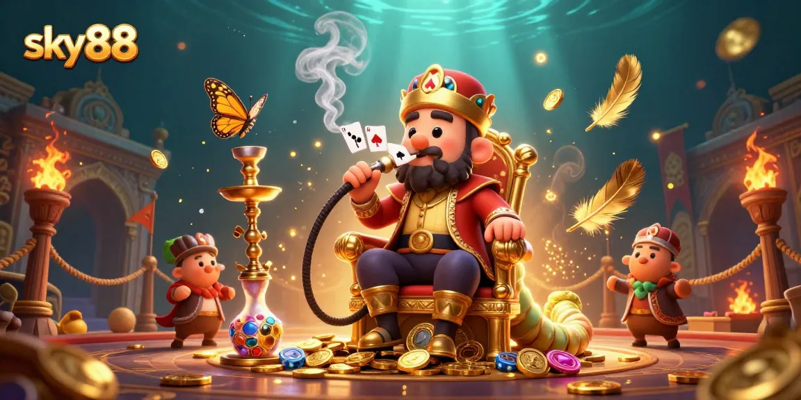 Sky88 captures thrilling poker action with colorful casino elements in a vibrant 3D illustration.