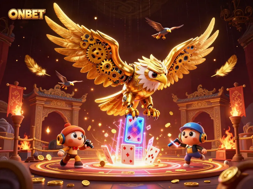 Experience thrilling gameplay with ONBET in this vibrant 3D casino illustration featuring a cybernetic eagle.