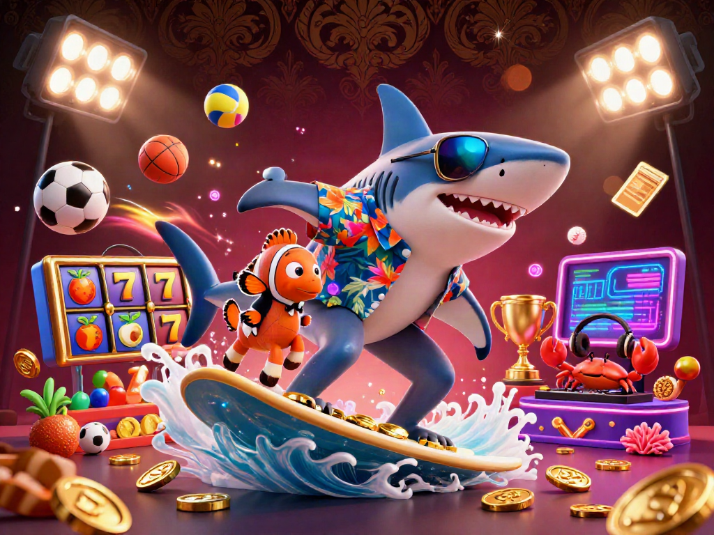 Experience the thrill of credit card casinos with vibrant 3D characters surfing on gold coins amidst dynamic gaming elements.