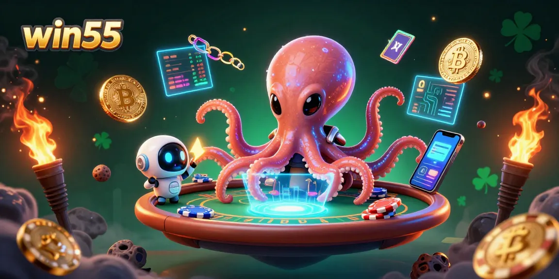 Play win55 and earn big at a futuristic poker table with vibrant 3D elements.