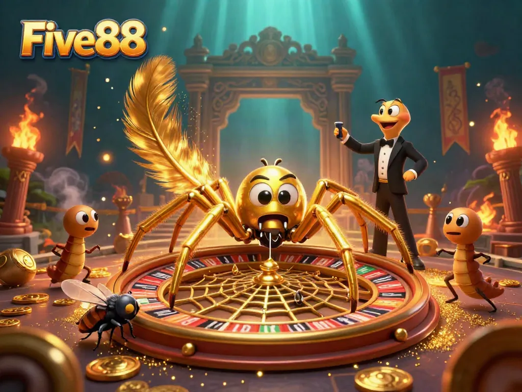 Engage with the Five88 casino scene featuring a spider dealer spinning a roulette web, immersing players in a betting frenzy.