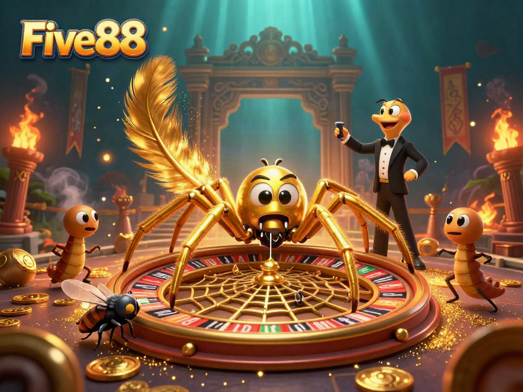Engage with the Five88 casino scene featuring a spider dealer spinning a roulette web, immersing players in a betting frenzy.