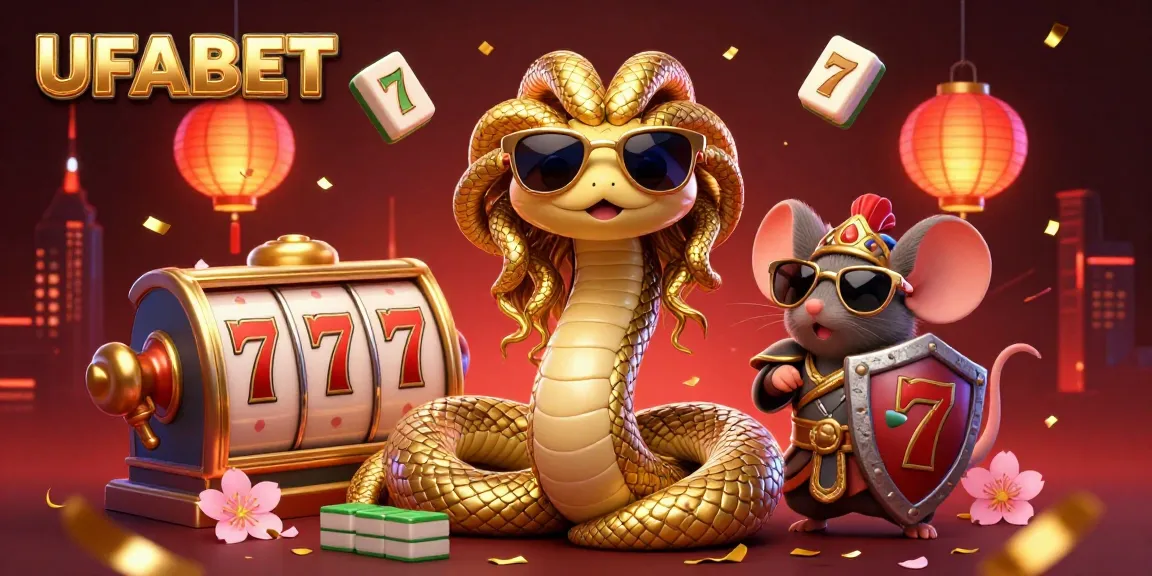 Engage with UFABET's immersive casino experience featuring playful Medusa, a warrior mouse, and vibrant gaming symbols.