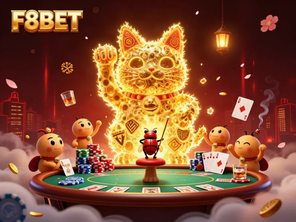 Experience the vibrant world of F8BET with a magical lucky cat and casino symbols in a dynamic 3D scene.