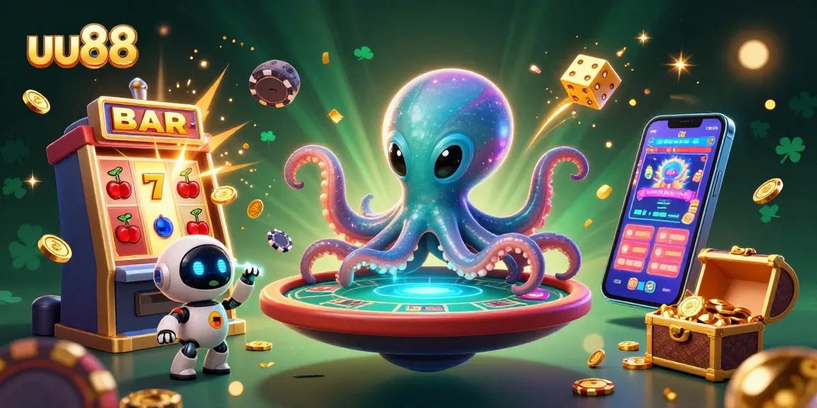 Experience the excitement of uu88 with a vibrant 3D illustration of a cosmic octopus at a poker table.