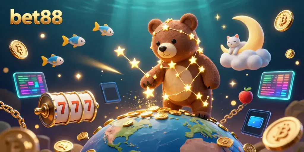 Engage with the magical world of bet88, featuring a 3D constellation bear and cryptocurrency elements.