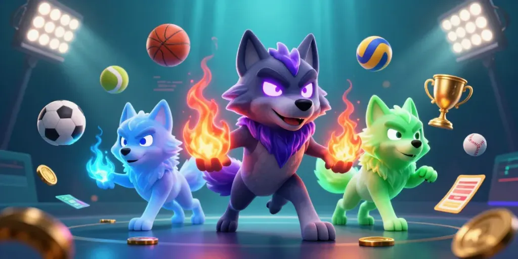 Immerse in the gaming world with MM88 com, featuring a dynamic scene of wolf pack leaders, sports balls, and casino elements.