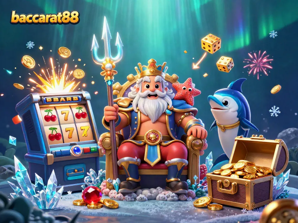 Experience baccarat88 with king Neptune and vibrant casino elements in a dynamic underwater scene.