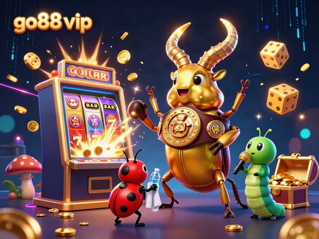 Experience the thrill of go88 vip with a dynamic showdown featuring a golden stag beetle and a colorful casino scene.