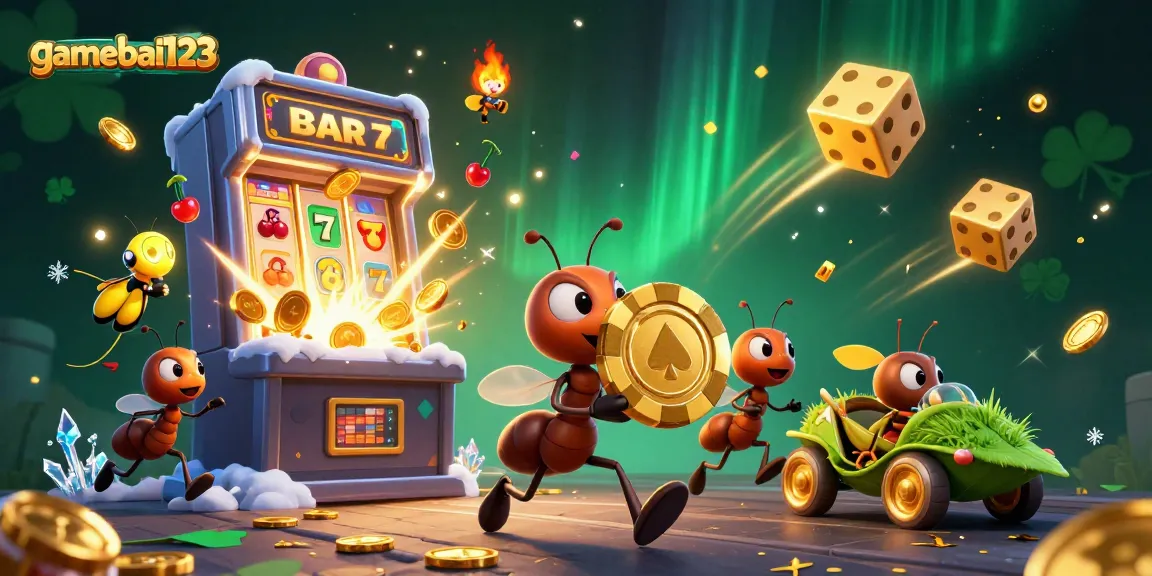 Experience exciting rewards with gamebai123 as 3D cartoon ants cart golden poker chips in a casino adventure.