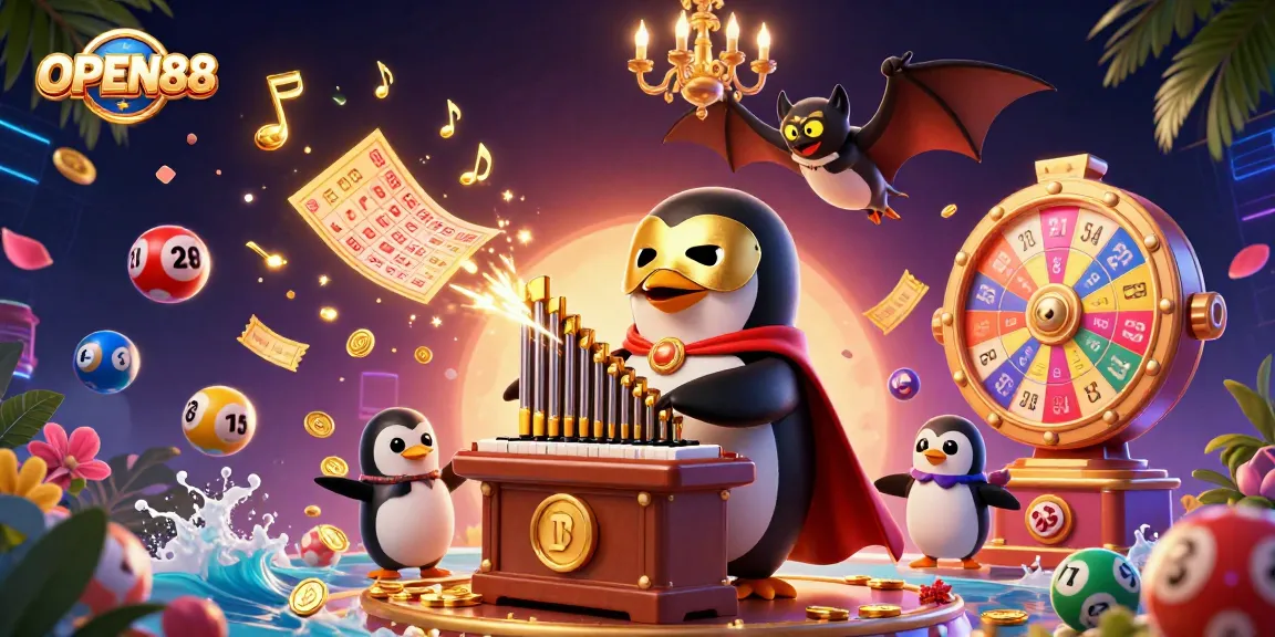 Experience the thrill of OPEN88's vibrant casino atmosphere with golden coins and lively lottery elements.