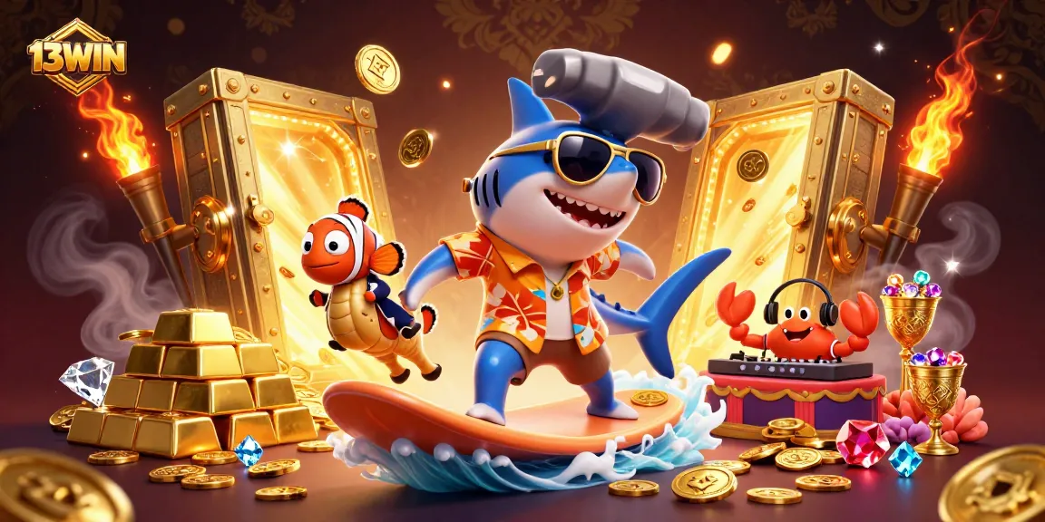 Surfing through a golden wave with sharks and treasures, explore 13WIN casino adventures.