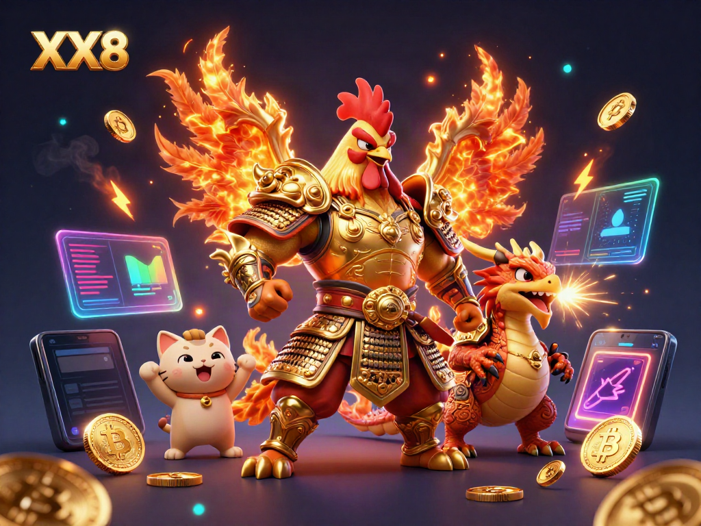 Engage with the exciting XX8 gaming adventure featuring a cartoon rooster warrior, armored dragon, and vibrant crypto elements.