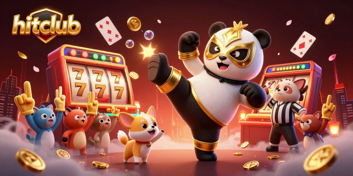 Hitclub showcases a vibrant scene with a panda wrestler and a referee surrounded by slot elements, engaging viewers with immersive gaming action.