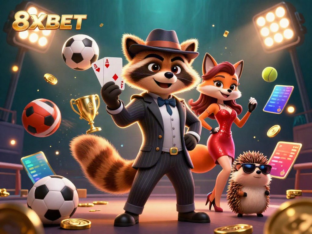 Experience the thrilling action at 8XBET with a suave raccoon holding a royal flush amidst vibrant sports elements.