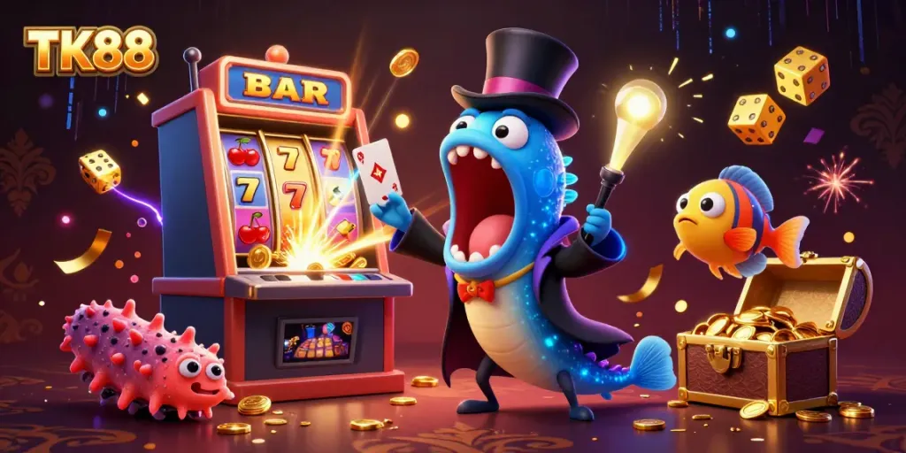 Engage with thrilling TK88 gaming action featuring a captivating magic act amid vibrant slot machine excitement.
