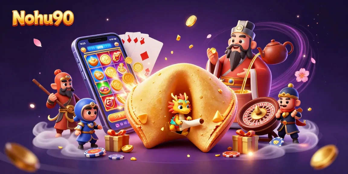 Nohu90 slot game scene features a golden fortune cookie and a dragon amidst vibrant casino elements.