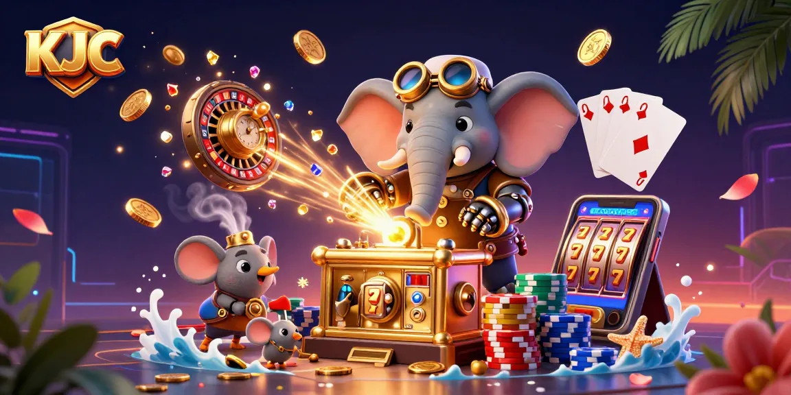 KJC brings luck with a vibrant 3D illustration of a steampunk elephant at a golden slot machine, surrounded by casino elements.