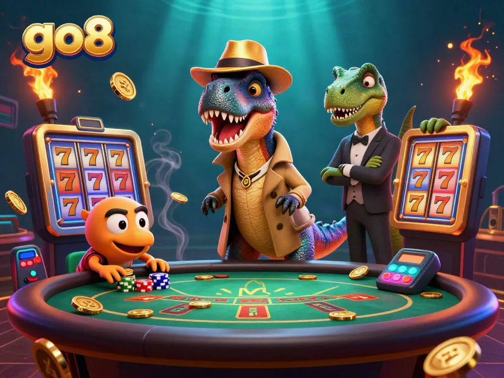 Experience thrilling gaming action with go8's vibrant casino scene featuring playful dinosaur characters.
