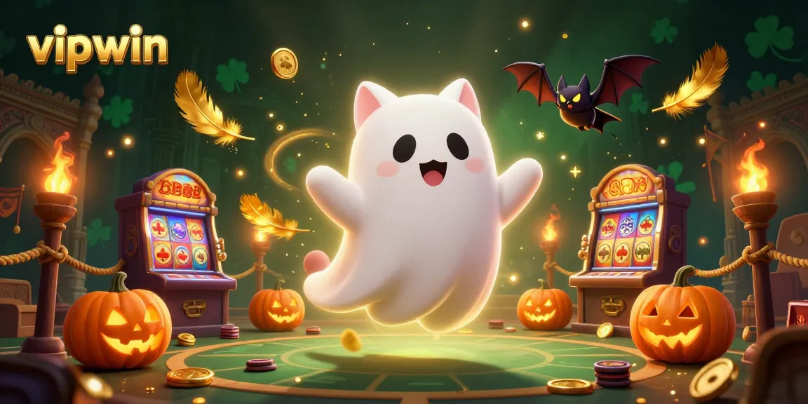 Experience thrilling adventures at vipwin with our ghostly cat and bat companions in an exciting casino backdrop.