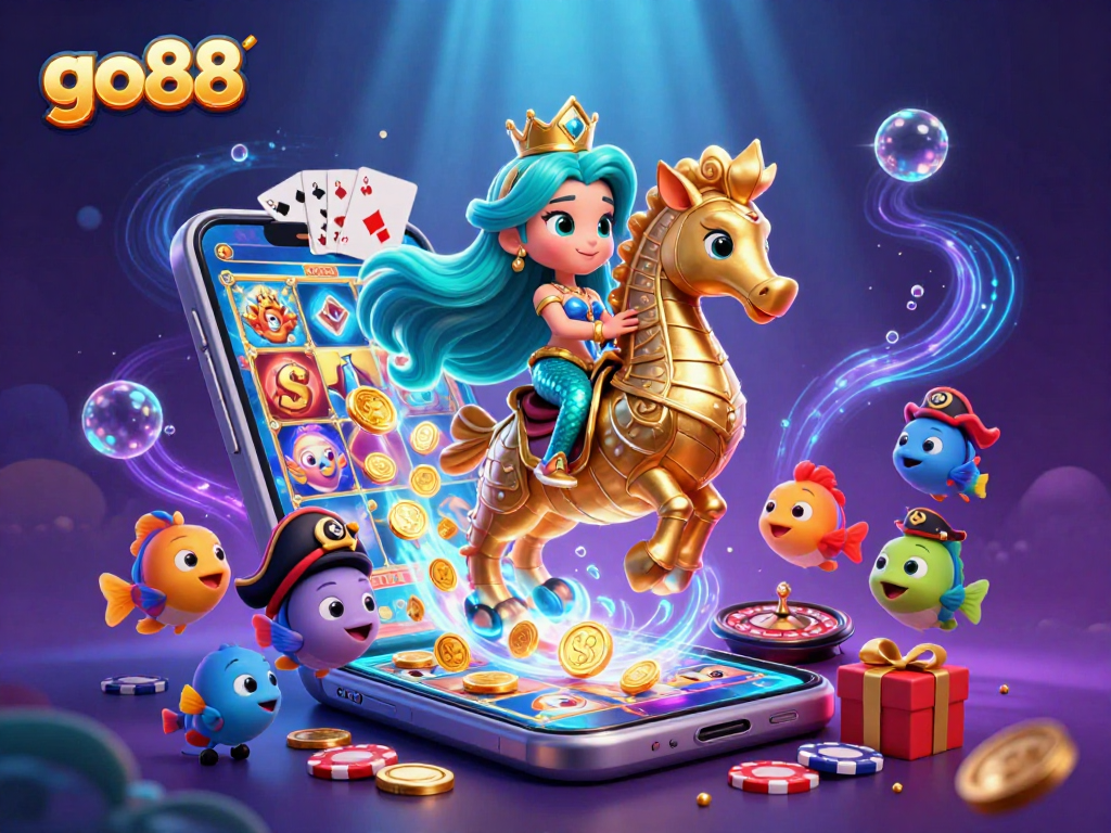 Engage with go88's thrilling games in this vibrant underwater scene featuring iconic casino elements.