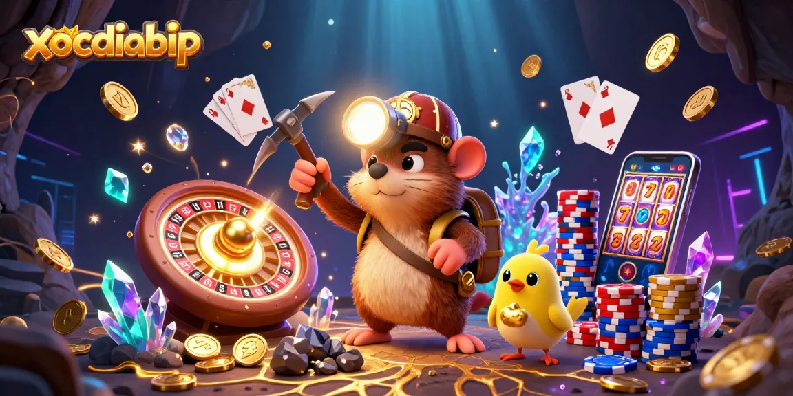 Xocdiabip brings excitement with a treasure hunter mole and canary in a vibrant casino scene.