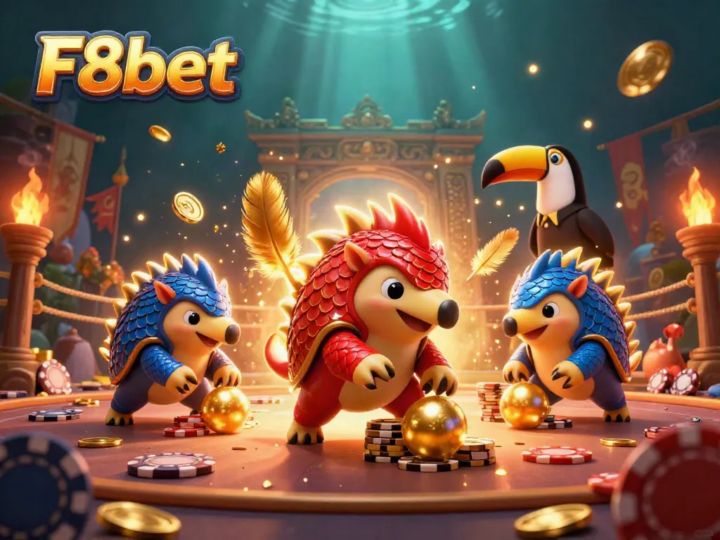 Experience thrilling competition at F8bet with rival pangolins bowling through poker chips in a dynamic casino scene.