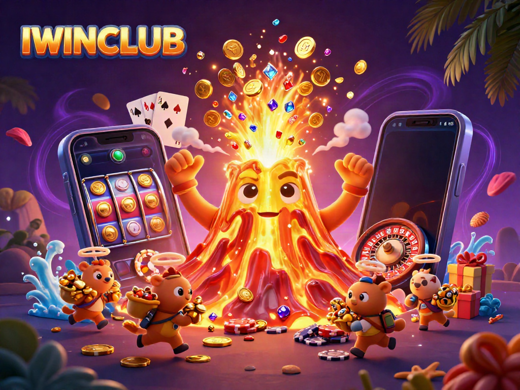 IWINCLUB showcases a triumphant golden volcano erupting treasures in a vibrant casino scene.
