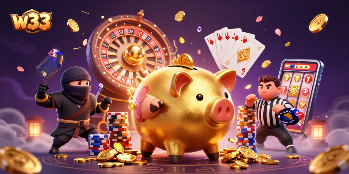 Experience w33's vibrant casino action with a golden piggy bank sumo wrestler and dynamic gaming elements.