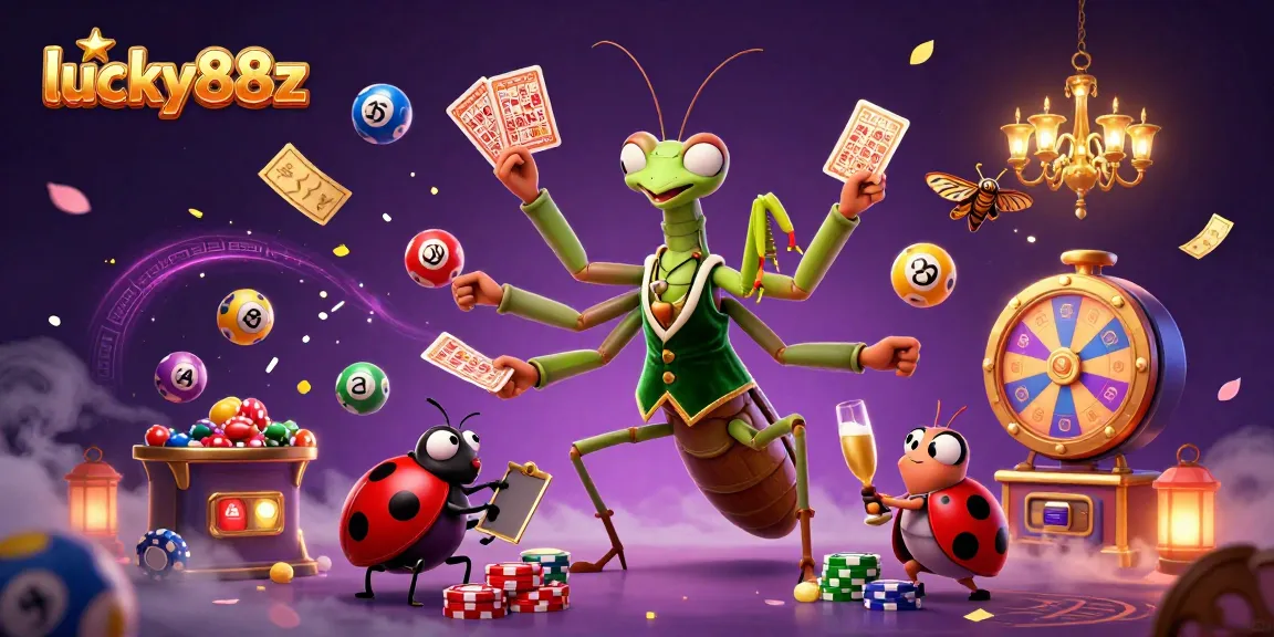 Engage with lucky88z, where a giant praying mantis card shark dazzles while dealing cards and pouring champagne amidst vibrant lottery elements and festive ambiance.