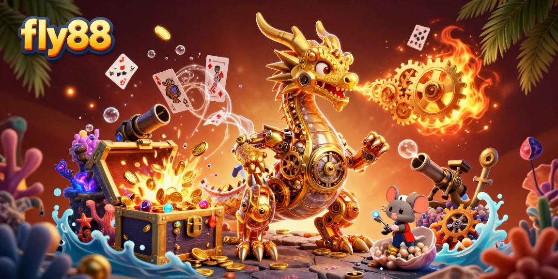 Experience the thrilling adventure of fly88 with a golden dragon and treasures in a vibrant 3D casino illustration.