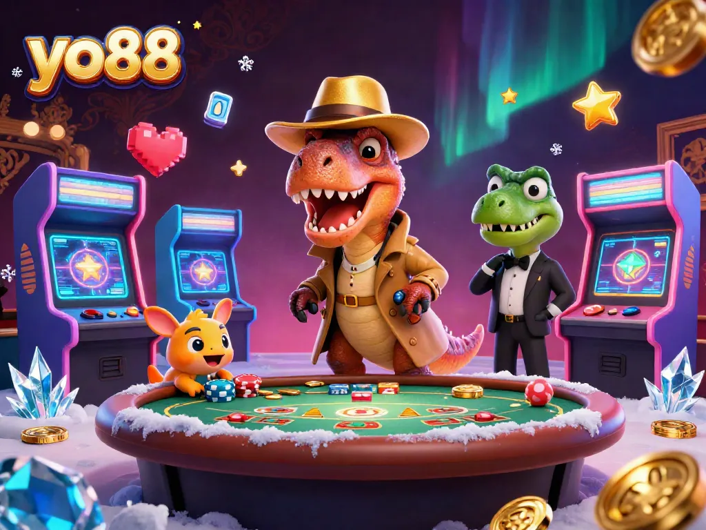 yo88 velociraptor plays blackjack amidst colorful arcade machines in a vibrant casino