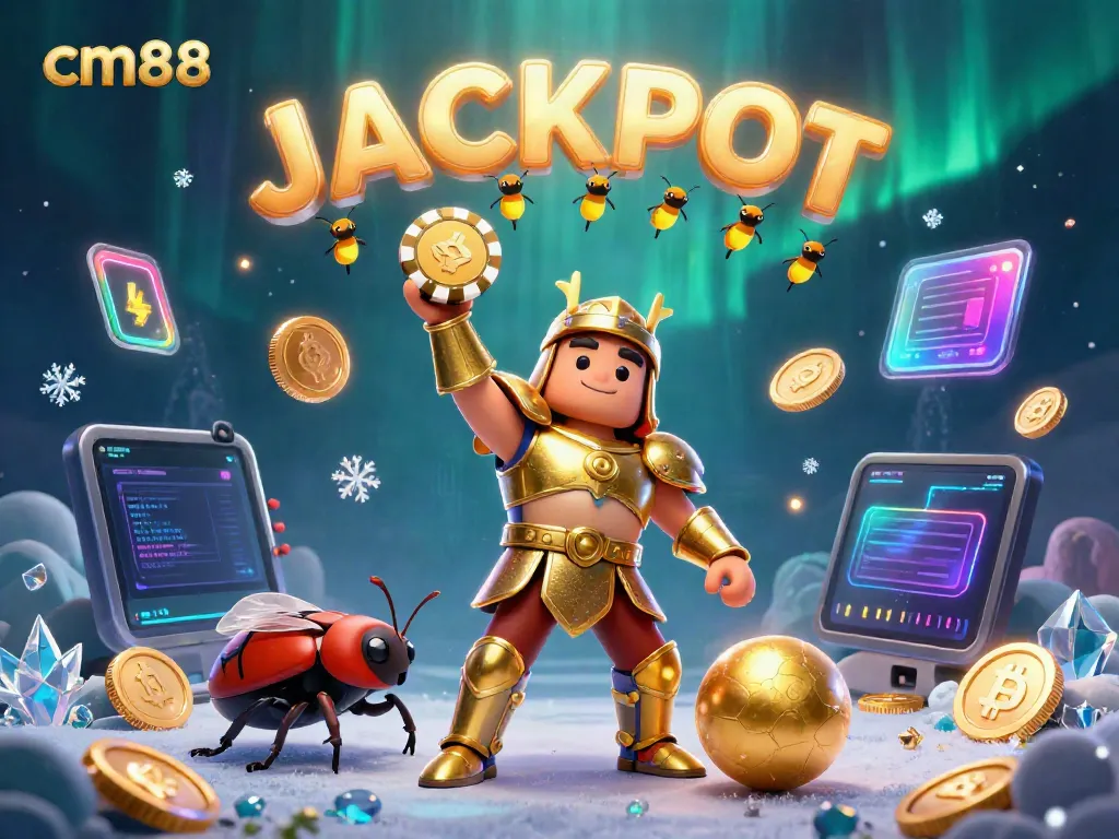 Win big at cm88 with a victorious beetle lifting a poker chip in a vibrant casino scene.