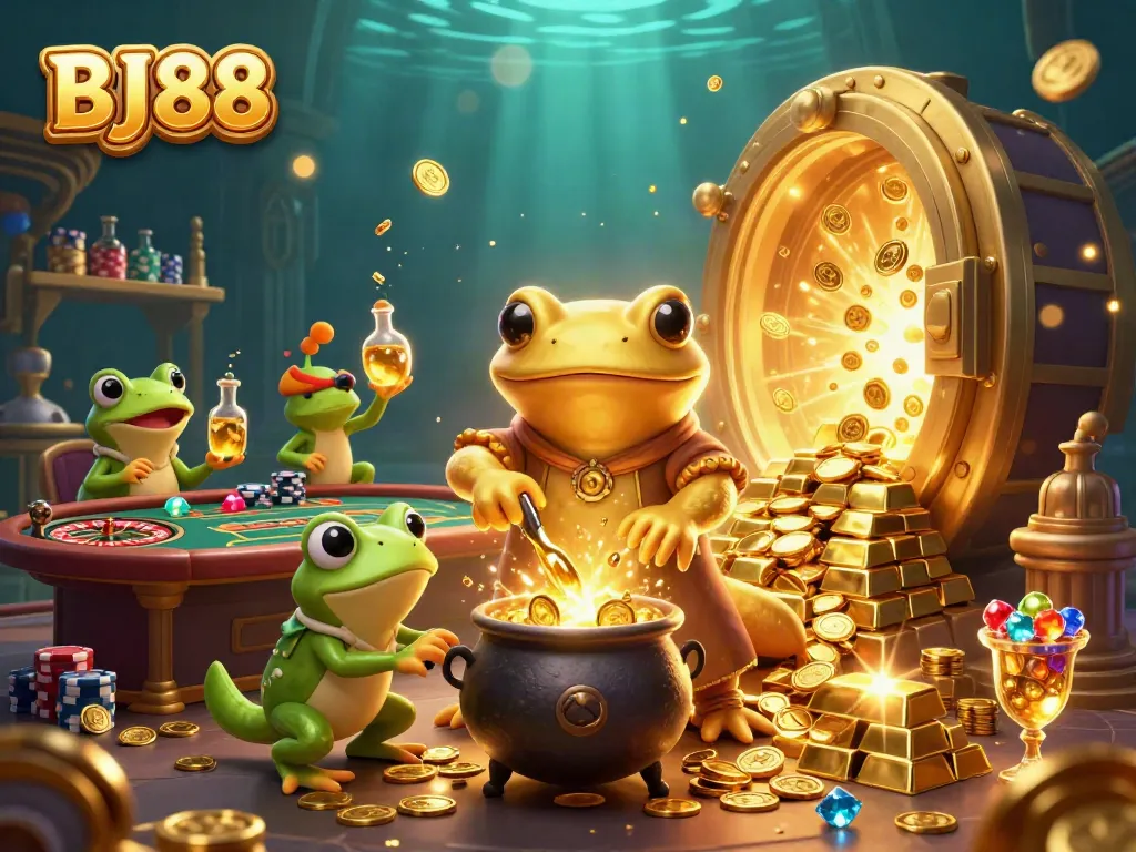 BJ88 captures a dynamic live casino scene with a golden salamander alchemist and gaming elements.