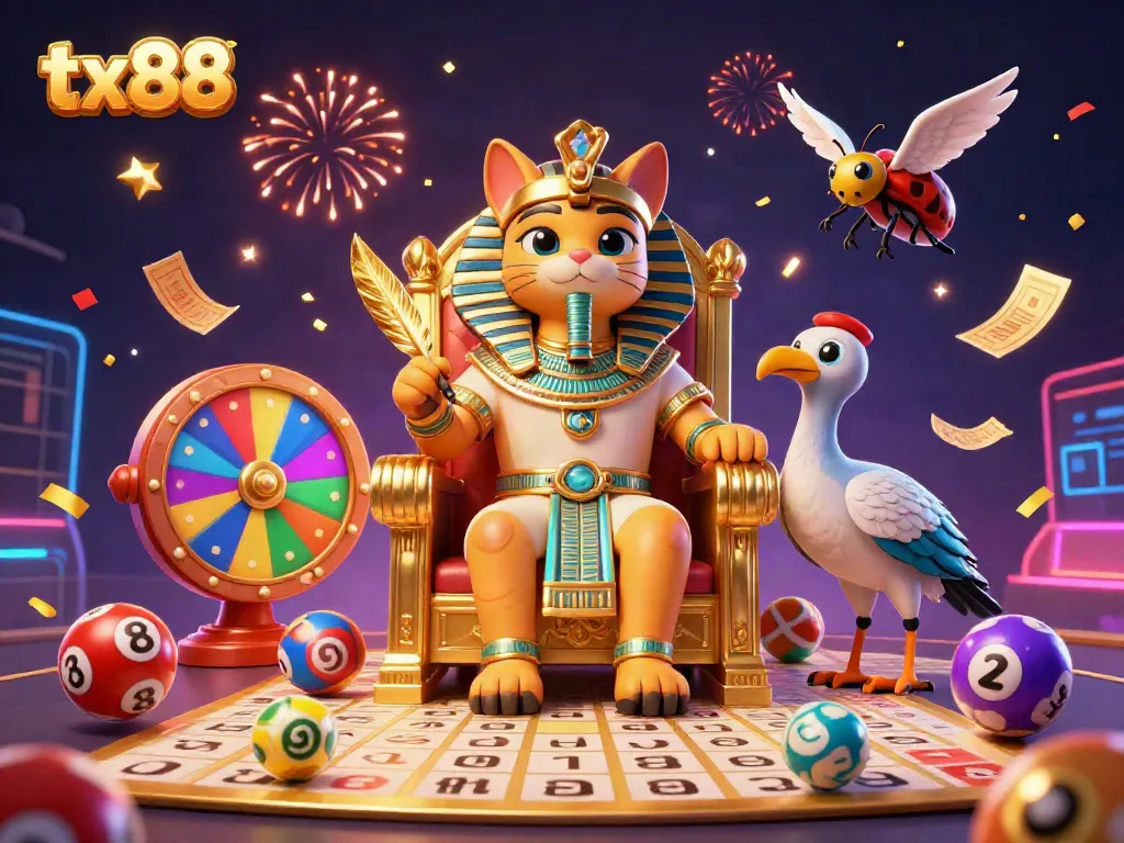 Experience excitement with tx88, featuring a cartoon pharaoh cat, colorful lottery elements, and casino symbols.