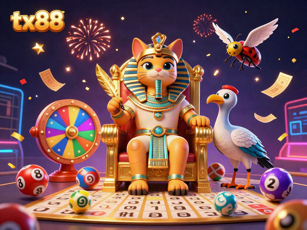Experience excitement with tx88, featuring a cartoon pharaoh cat, colorful lottery elements, and casino symbols.