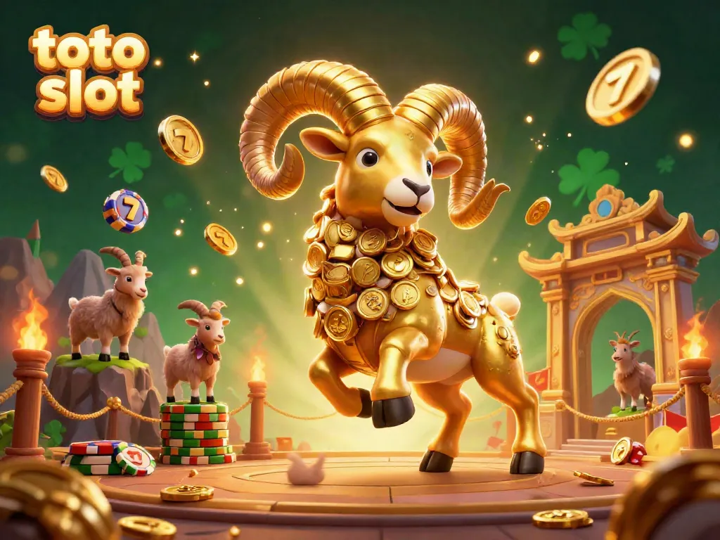 Experience the thrilling toto slot action with a dynamic scene featuring a golden ram in a casino setting.
