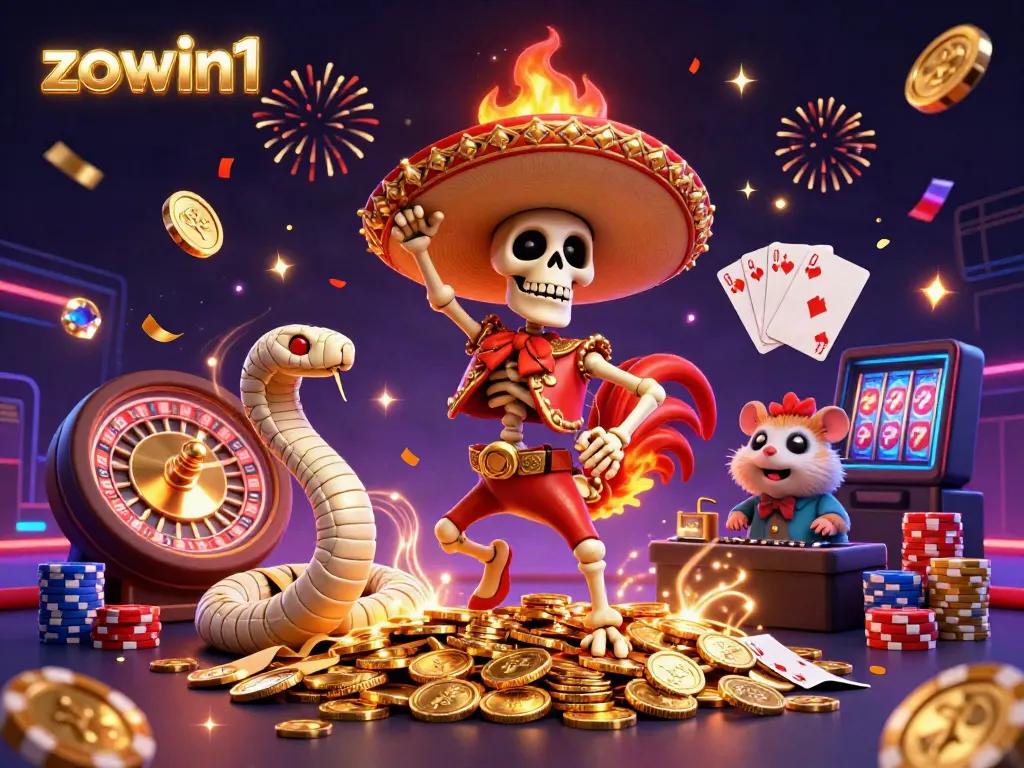 Experience the excitement of zowin1 with a festive casino scene featuring dynamic characters celebrating wins.
