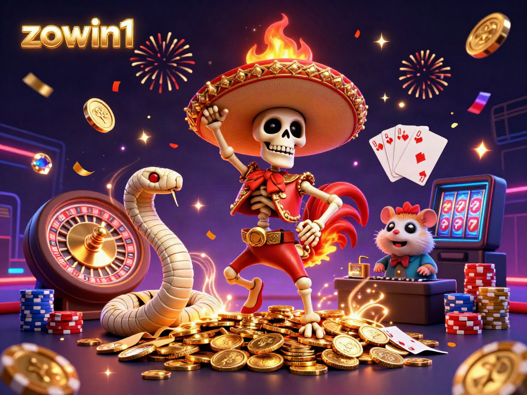Experience the excitement of zowin1 with a festive casino scene featuring dynamic characters celebrating wins.