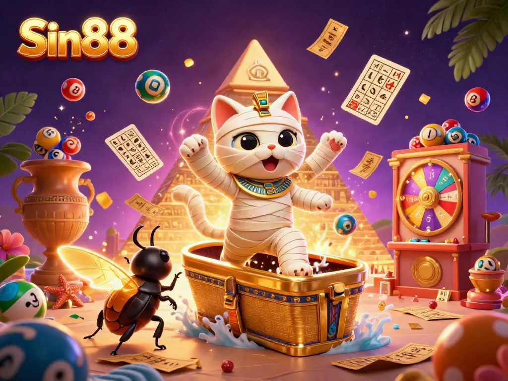 Experience the excitement of Sin88 with a vibrant 3D illustration featuring an Egyptian mummy cat and casino elements.
