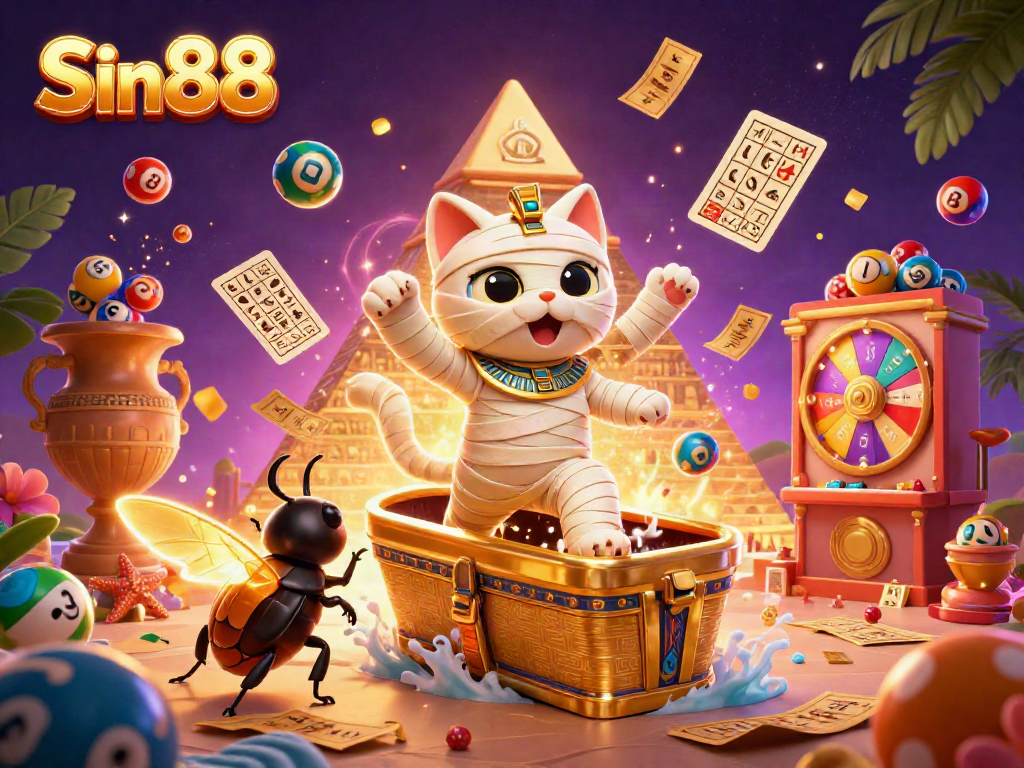Experience the excitement of Sin88 with a vibrant 3D illustration featuring an Egyptian mummy cat and casino elements.
