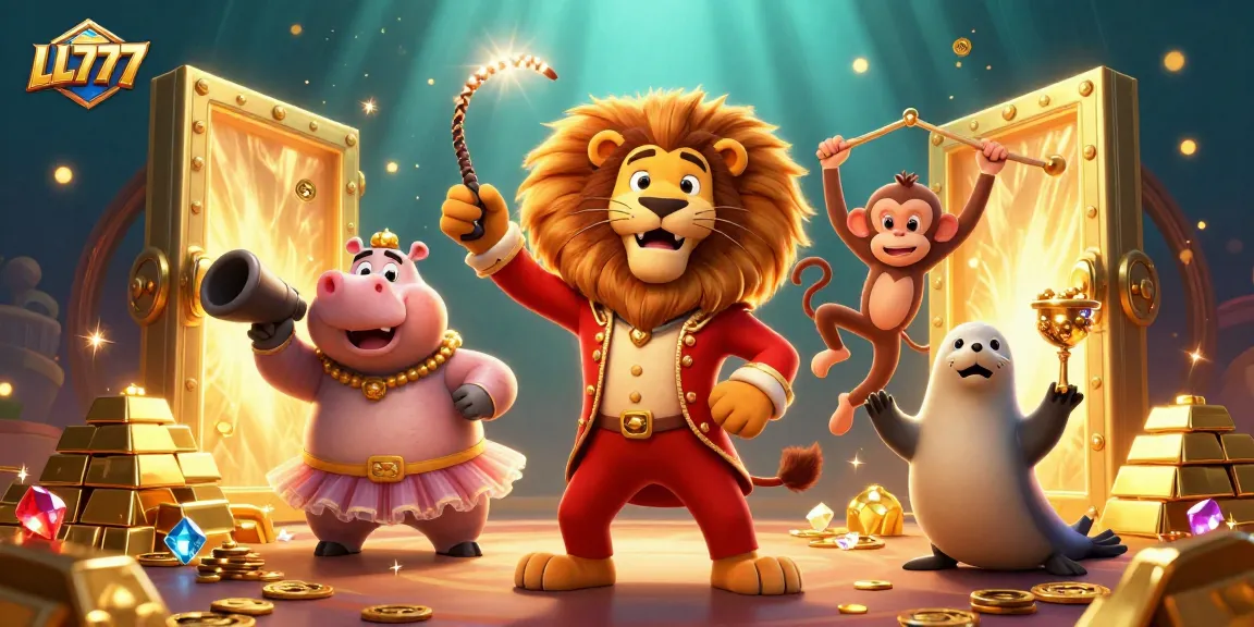 Play exciting games and win with LL777 in a vibrant 3D casino scene full of treasures.