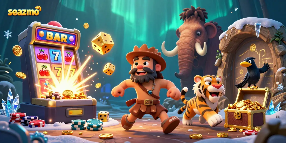 Experience engaging gameplay with seazmo's prehistoric casino, featuring a lively caveman, tiger duo, and magical jackpot elements.